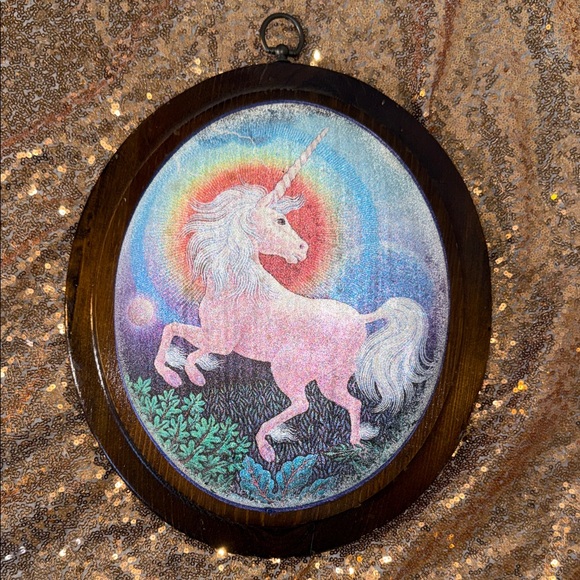 Magical Pink Unicorn in a rainbow meadow vintage Dark Wood Wall Art
